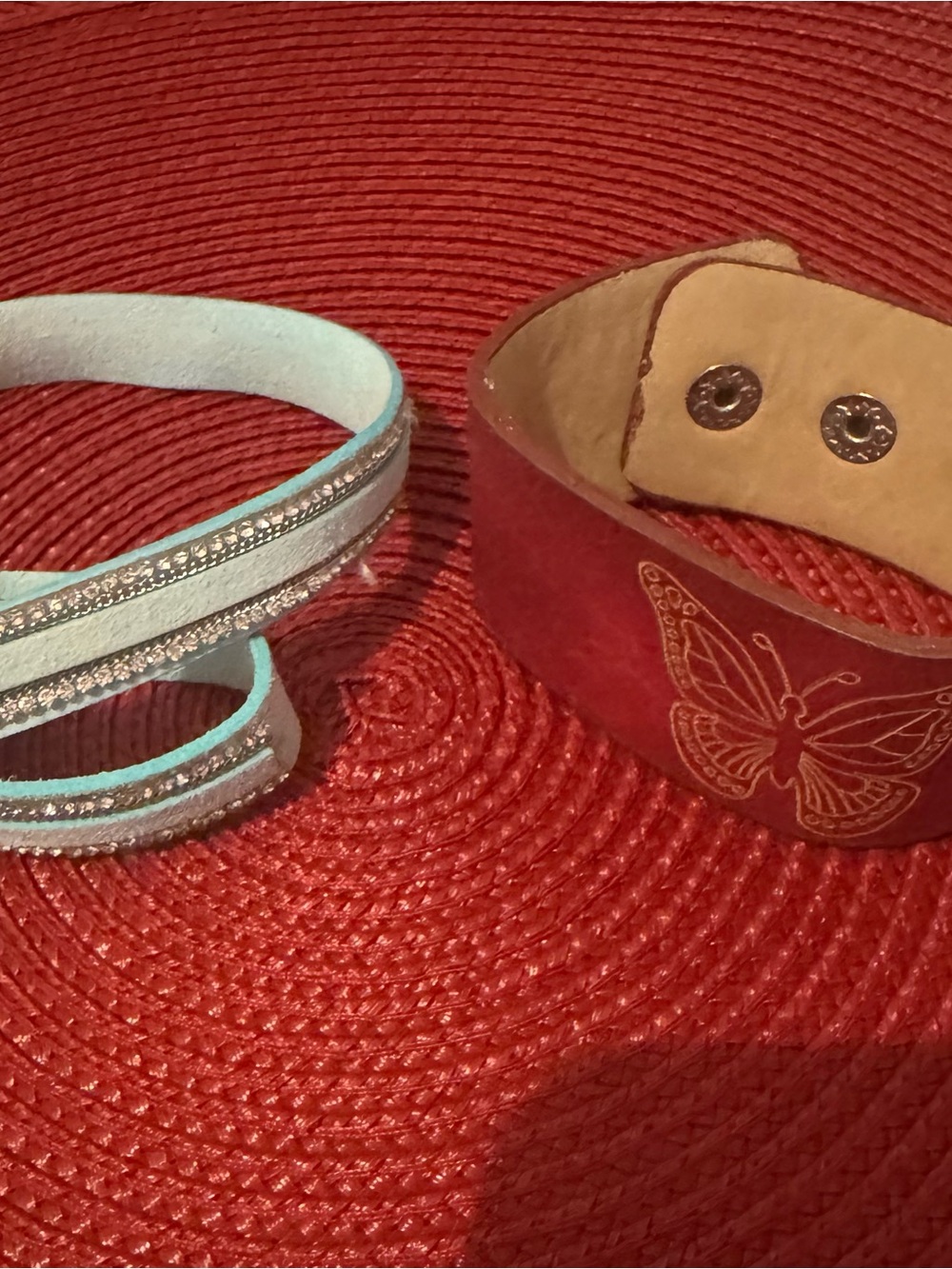 Set of Two Leather Bracelets - Red Butterfly & Light Blue Rhinestone Wrap